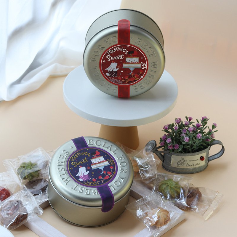 New Design small candy box tin coffee biscuit powder cookie metal tin round box and stickers