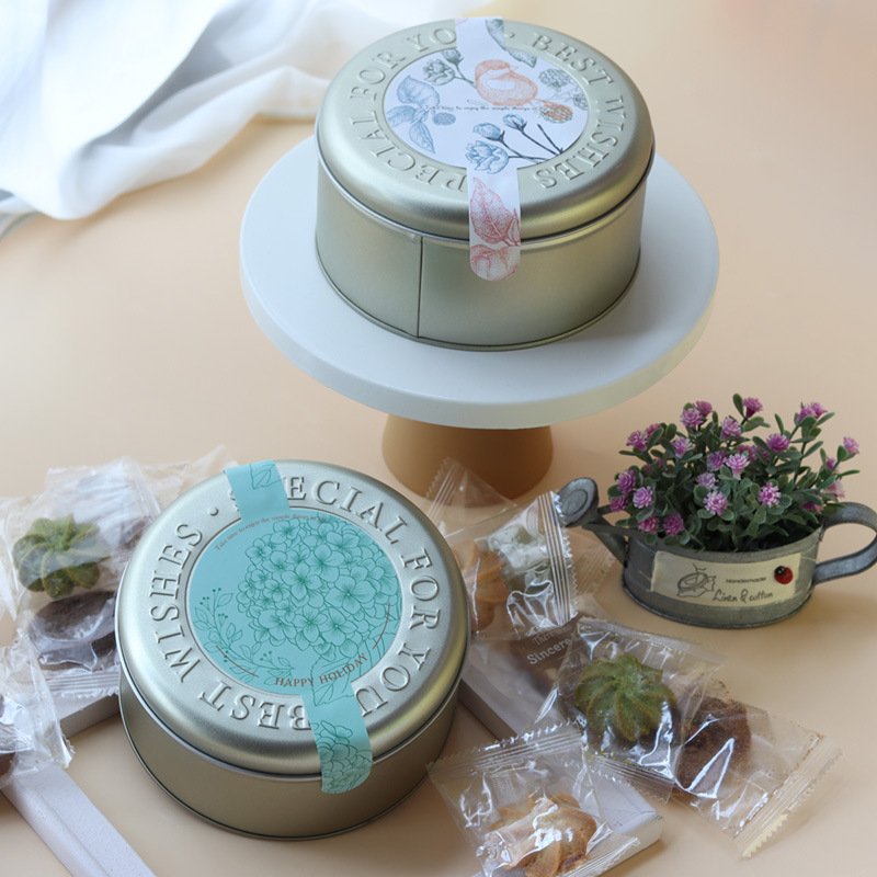 New Design small candy box tin coffee biscuit powder cookie metal tin round box and stickers