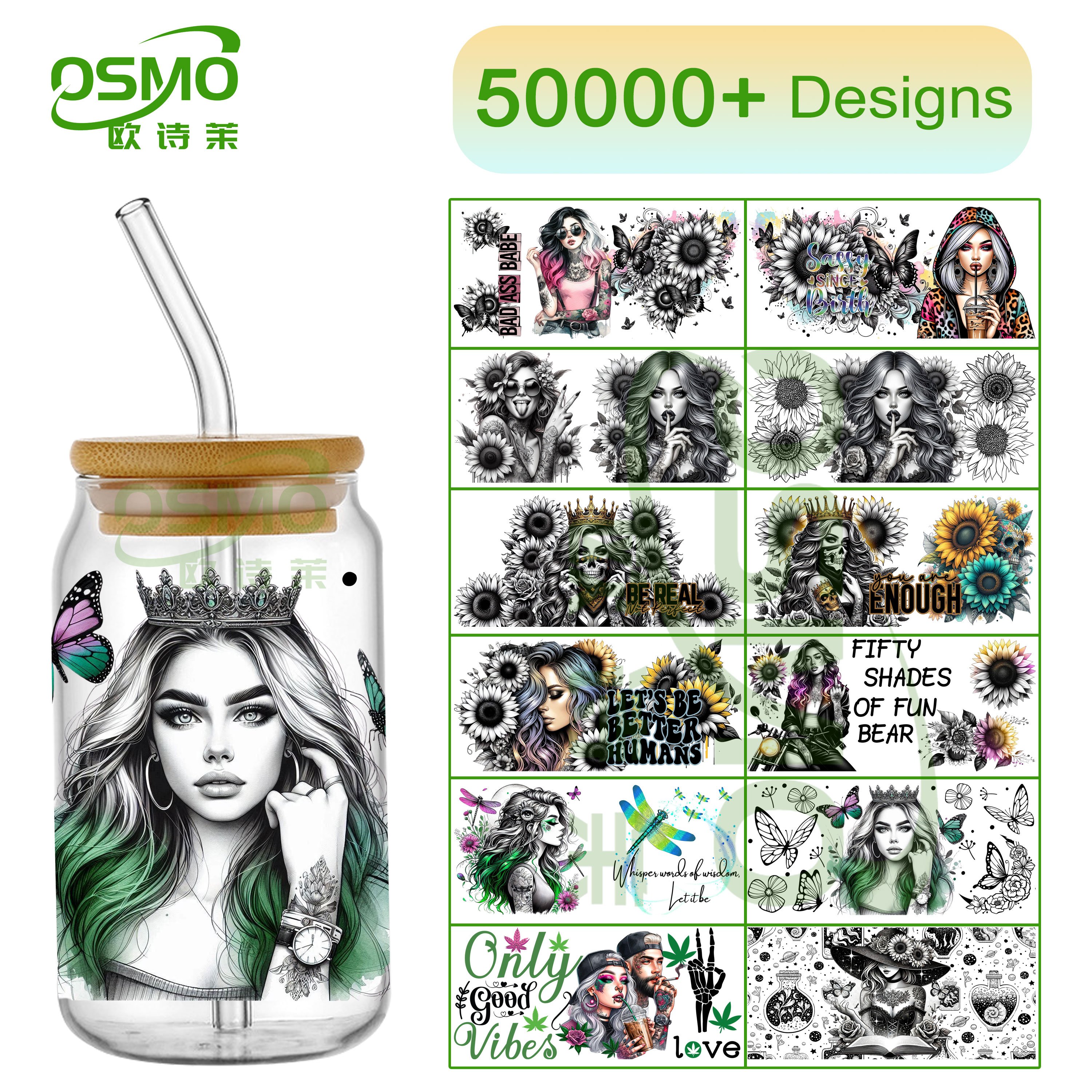 Osmo 16oz Double sided Factoroy Wholesale16oz UV DTF Cup Wrap Girl With Tattoos Stickers Tattoo girls Pattern for Libbey Glass
