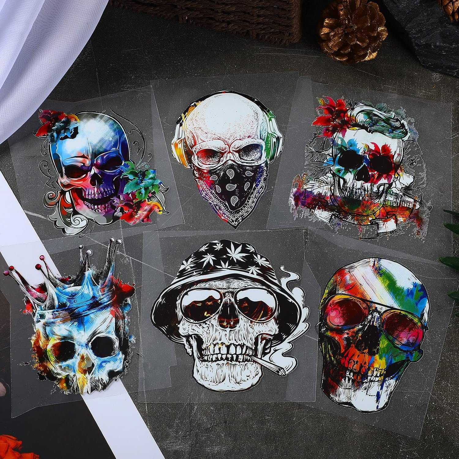 Skull Style Sublimation Shirt Stickers Skull Iron on Sticker for Youth 4-inch DIY Heat Transfer Clothing Patches for Shirts Coat