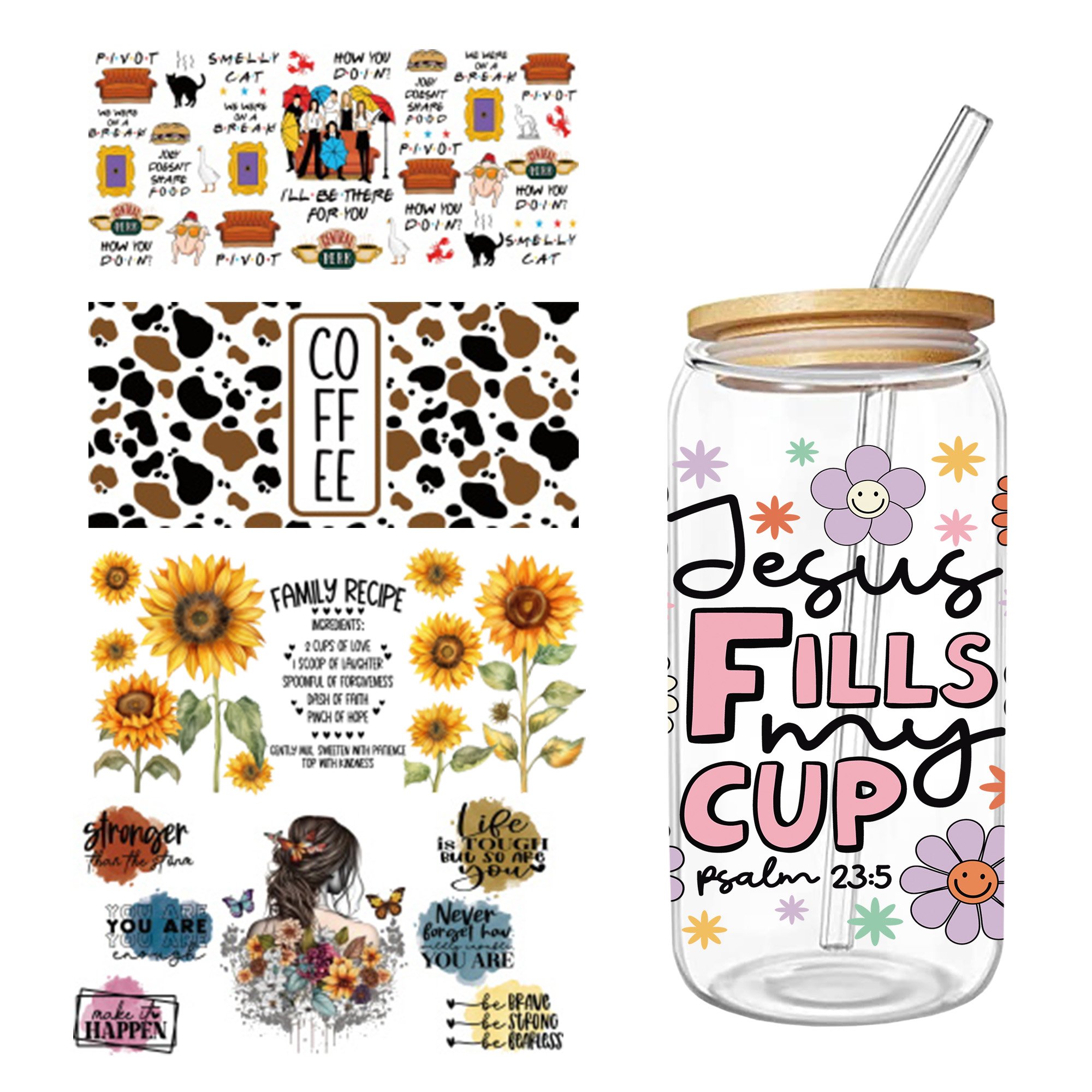 Ready to ship hot selling designs Uv DTF Transfer 16oz 20oz 24oz 40oz Uvdtf decals sticker cup wraps Wraps for mugs glass cans