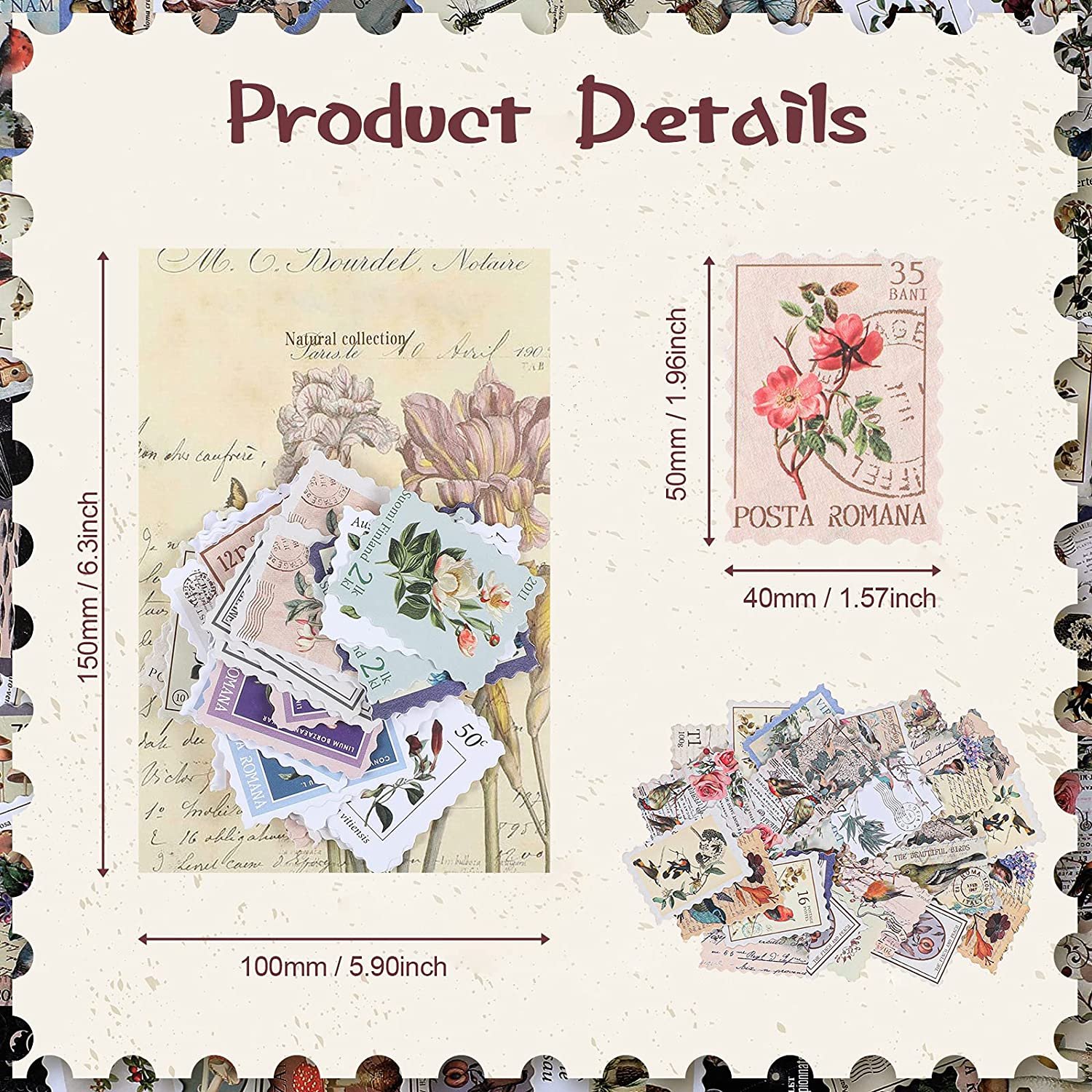 Vintage Postage Stamp Stickers Set Aesthetic Botanical Deco Paper Sticker For Scrapbooking Journaling Supplies Planners