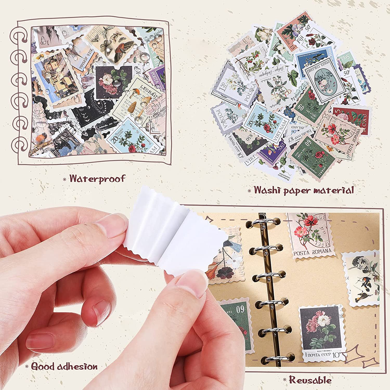 Vintage Postage Stamp Stickers Set Aesthetic Botanical Deco Paper Sticker For Scrapbooking Journaling Supplies Planners