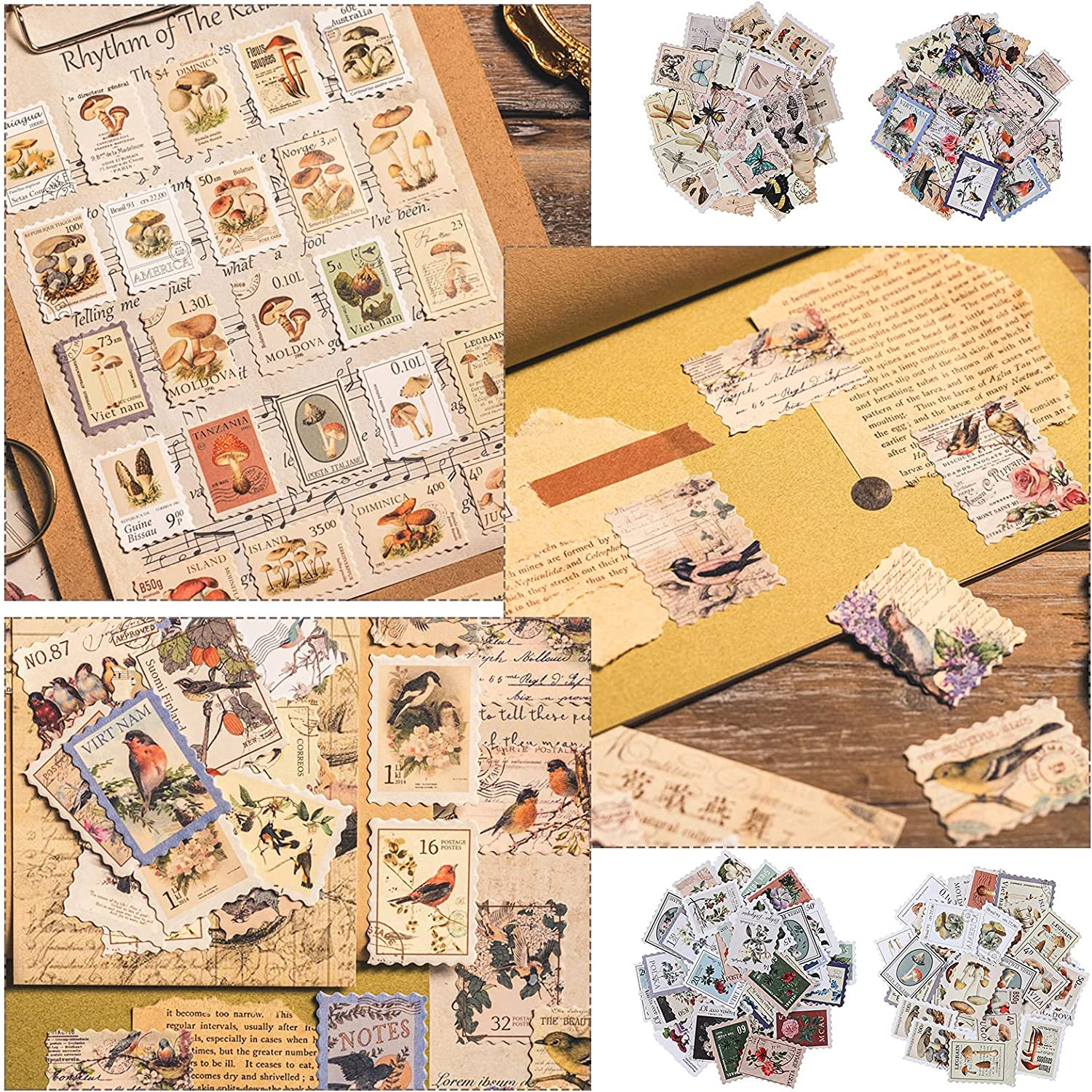 Vintage Postage Stamp Stickers Set Aesthetic Botanical Deco Paper Sticker For Scrapbooking Journaling Supplies Planners