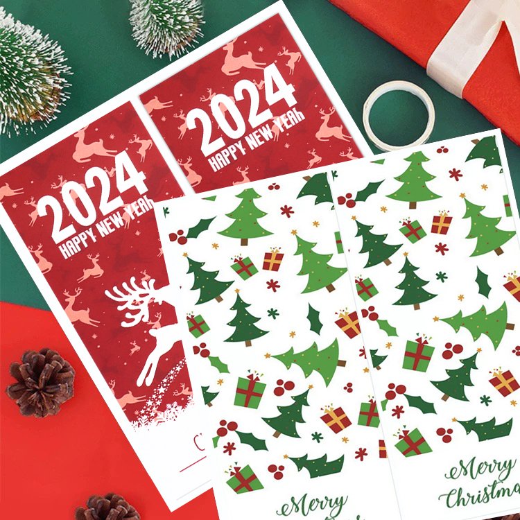 Customizable Christmas Stickers Festive Holiday Packing Label Decor Snowflakes Reindeer Santa Claus Vinyl PVC Waterproof sticker