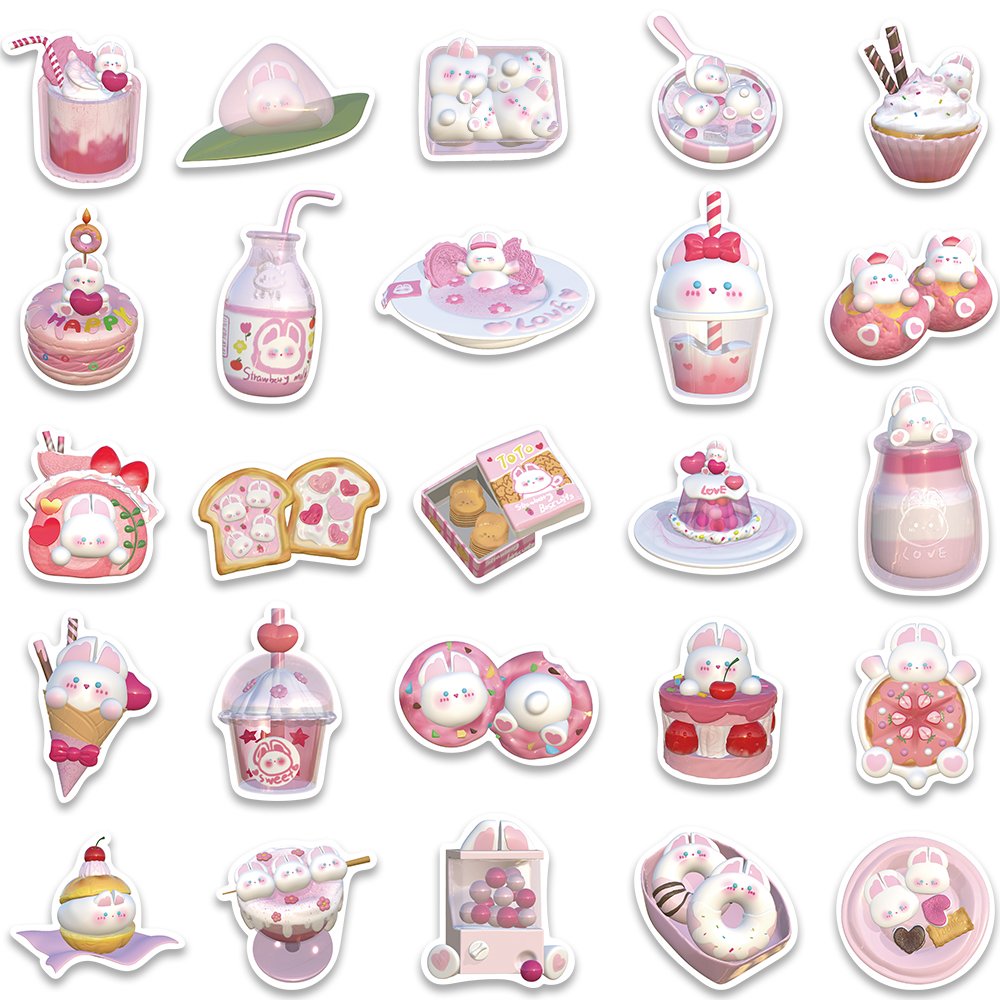 50pcs 3D Strawberry Pudding Rabbit Sticker Girl Cute Graffiti Decal Diy Suitcase Laptop Scrapbook Phone Diary Luggage Stickers