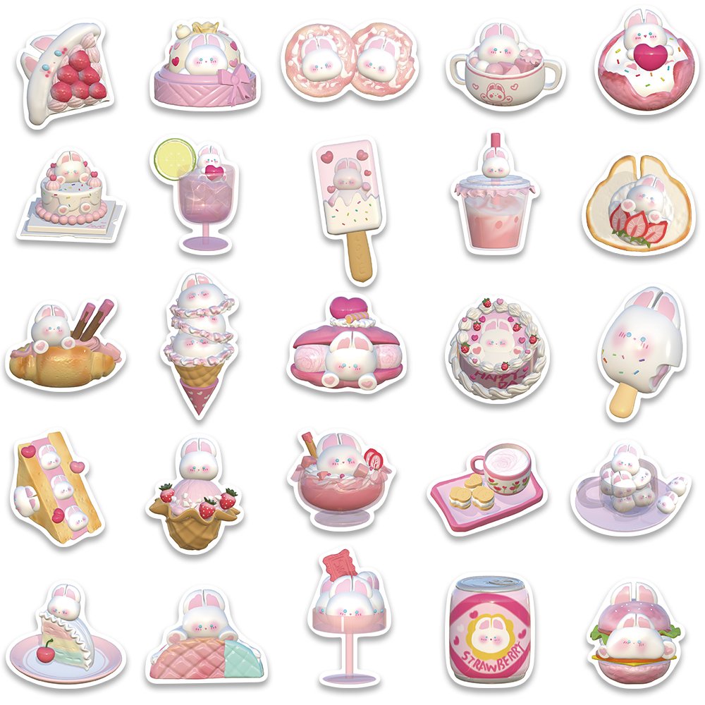 50pcs 3D Strawberry Pudding Rabbit Sticker Girl Cute Graffiti Decal Diy Suitcase Laptop Scrapbook Phone Diary Luggage Stickers