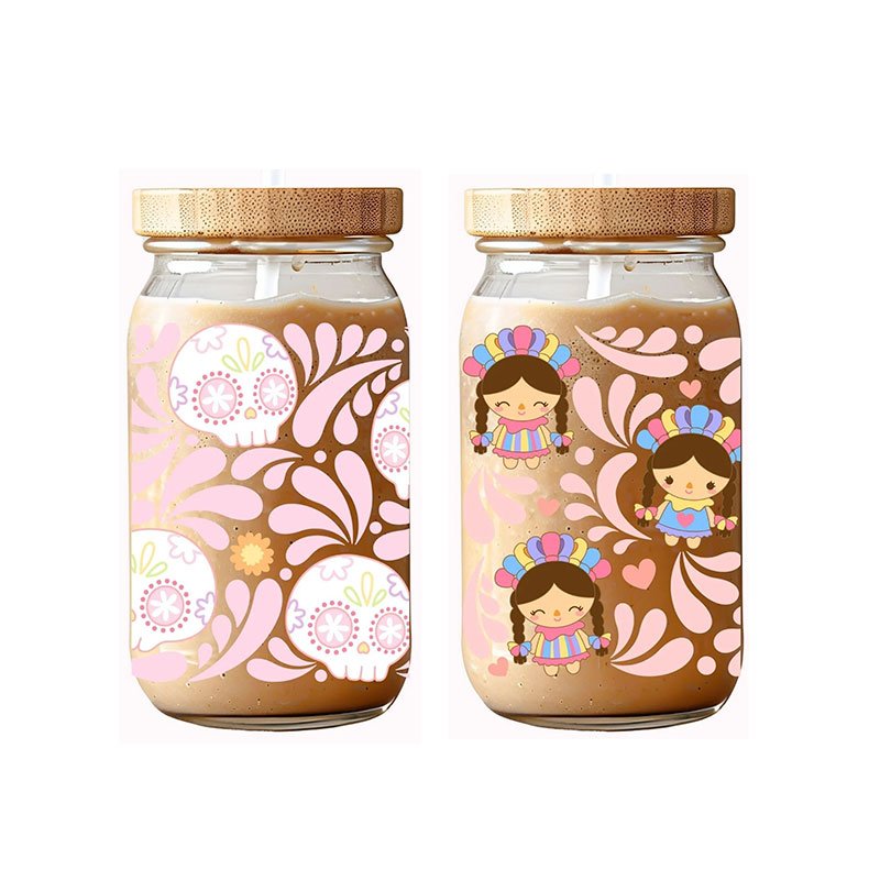 16 oz Libbey Glass Can UV DTF Cup Wrap Cute Talavera Horror Halloween Cartoon Character Mexican Concha UVDTF Transfer Stickers