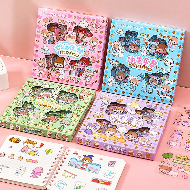 Stickers 100 Pcs Cartoon Stickers Boxs gold stamping Cute Decorative Stickers Set Custom for Students Girls kids
