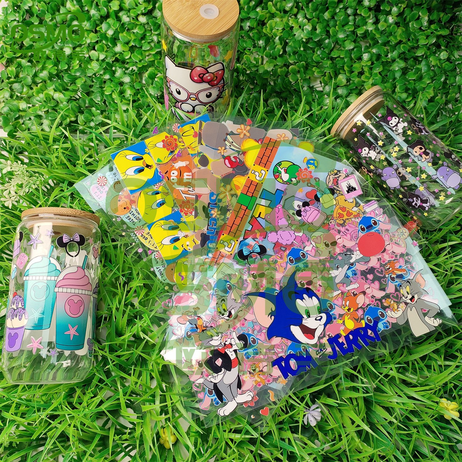 Osmo Colourful cat UV Dtf Wraps Stickers cute cat Decals Waterproof Sticker custom Adhesive Uv Transfer for 16oz Glass