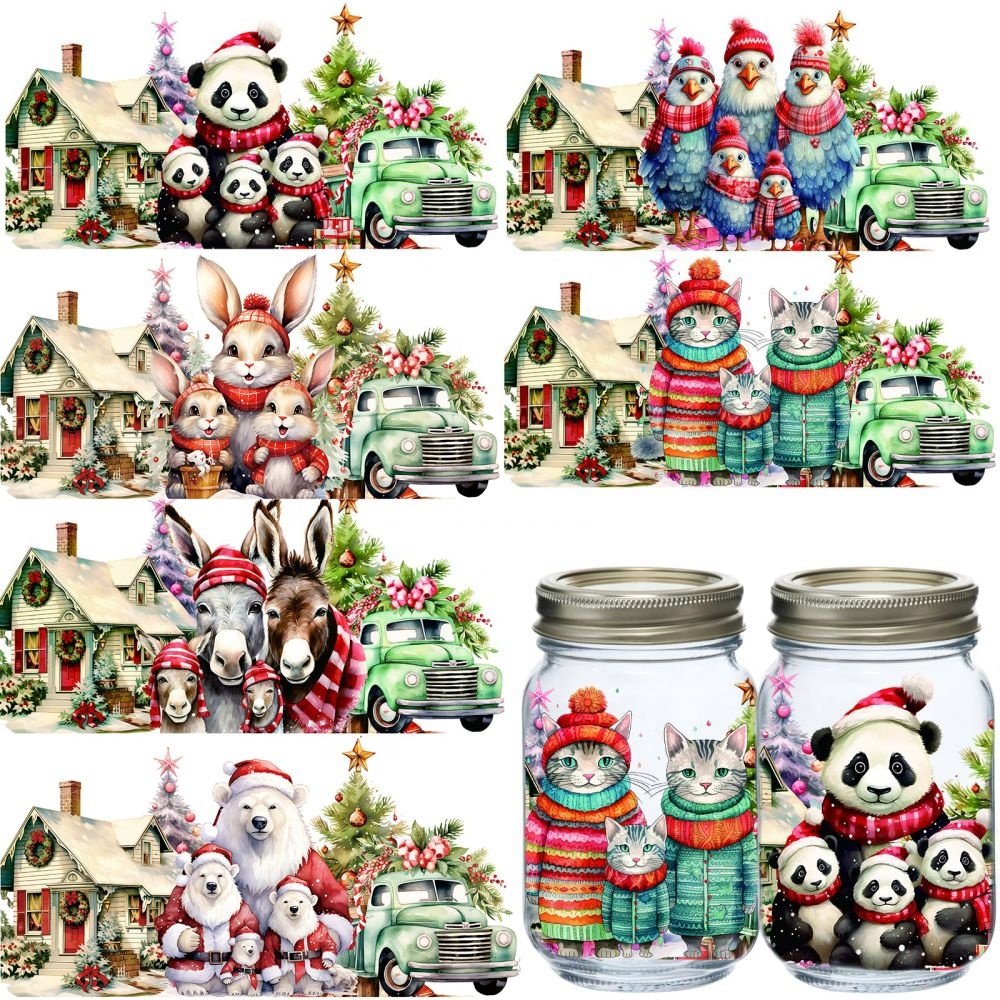 Christmas Family Animals UV DTF Cup Wrap Transfer Stickers Cute Cartoon Waterproof Rub on Transfer for Glass Furniture DIY Craft