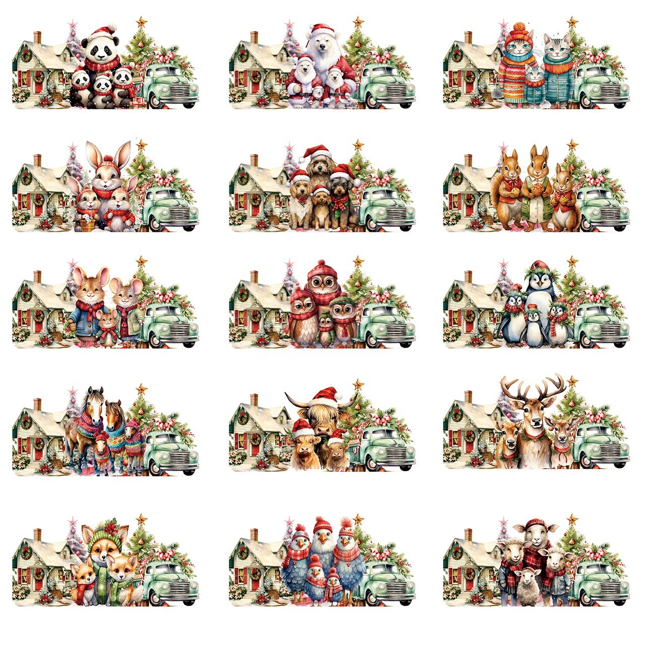 Christmas Family Animals UV DTF Cup Wrap Transfer Stickers Cute Cartoon Waterproof Rub on Transfer for Glass Furniture DIY Craft