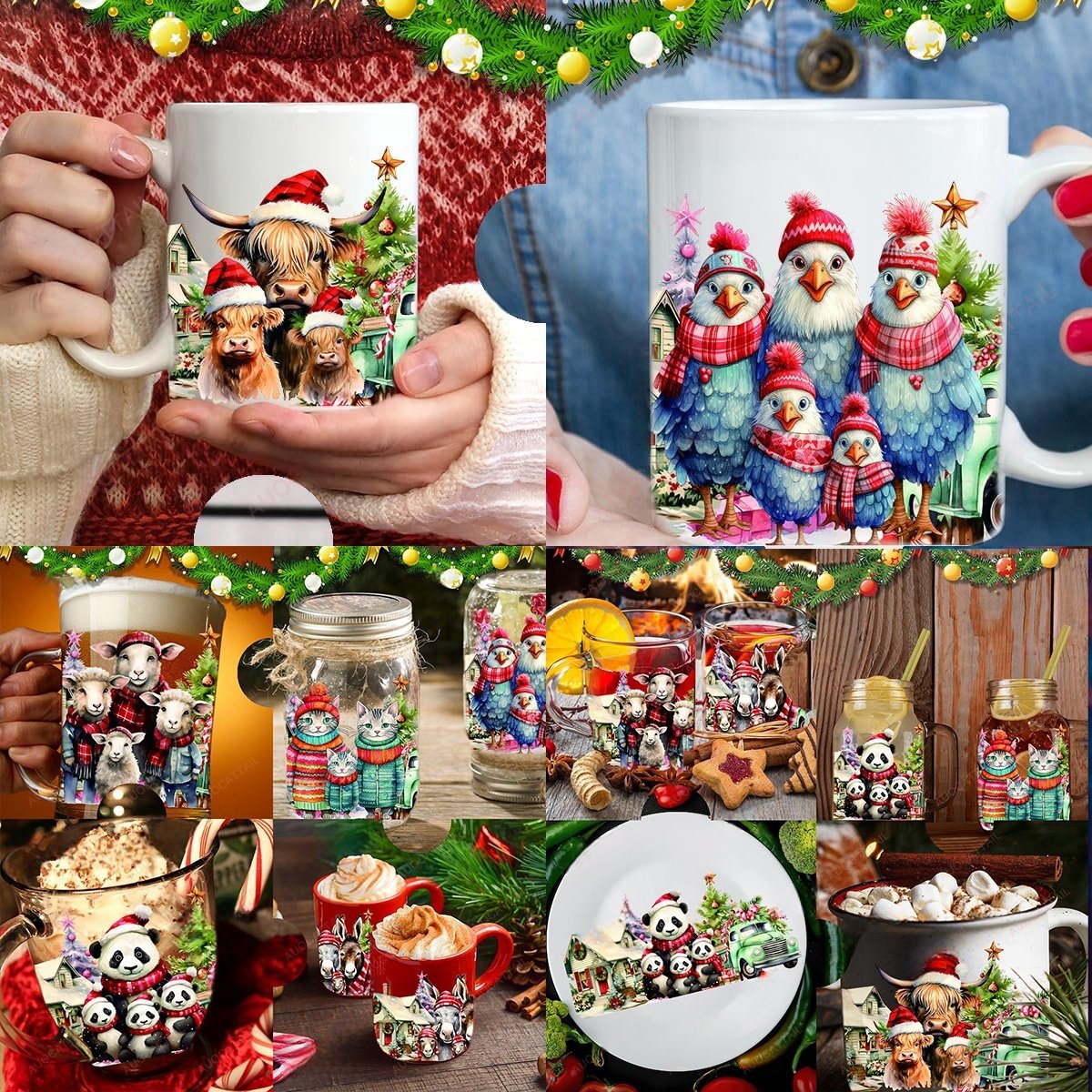 Christmas Family Animals UV DTF Cup Wrap Transfer Stickers Cute Cartoon Waterproof Rub on Transfer for Glass Furniture DIY Craft