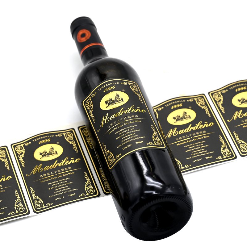 Custom Textured Fancy Paper Wine Bottle Label Sticker Gold Stamping Adhesive Gold Foil Red Wine Bottle Packaging Sticker Labels