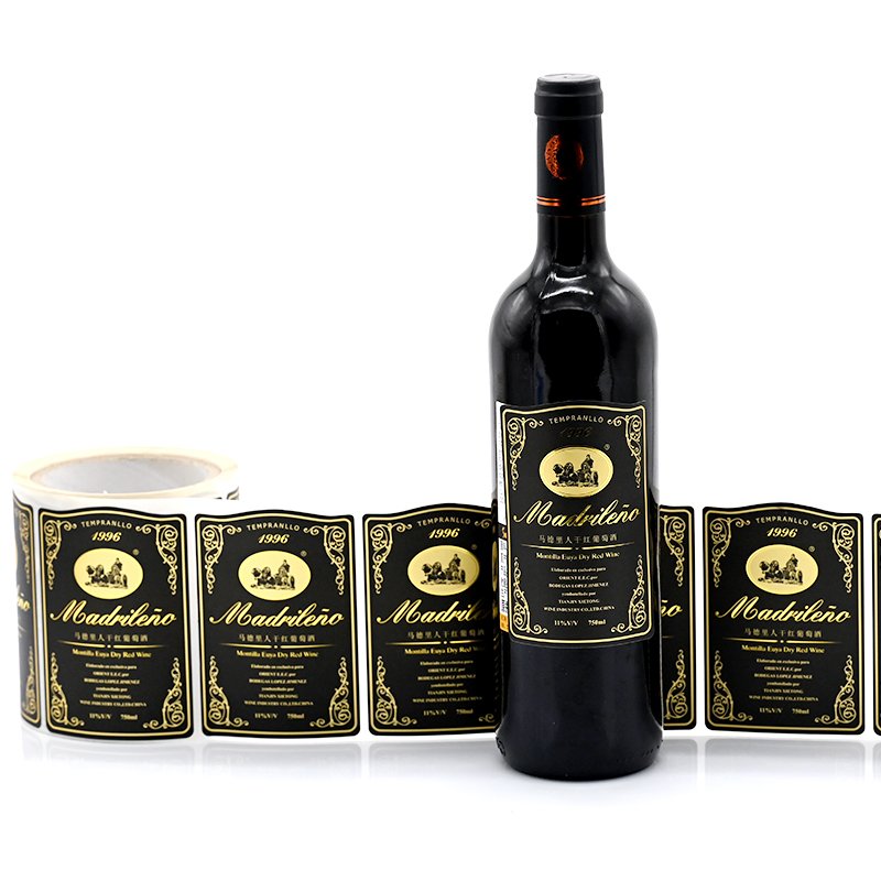 Custom Textured Fancy Paper Wine Bottle Label Sticker Gold Stamping Adhesive Gold Foil Red Wine Bottle Packaging Sticker Labels