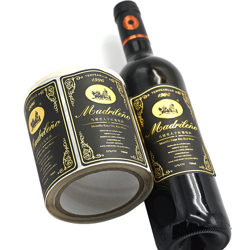 Custom Textured Fancy Paper Wine Bottle Label Sticker Gold Stamping Adhesive Gold Foil Red Wine Bottle Packaging Sticker Labels