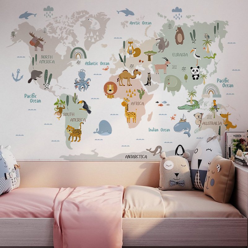 kids room decoration self-adhesive cartoon animal 3d world map wall stickers