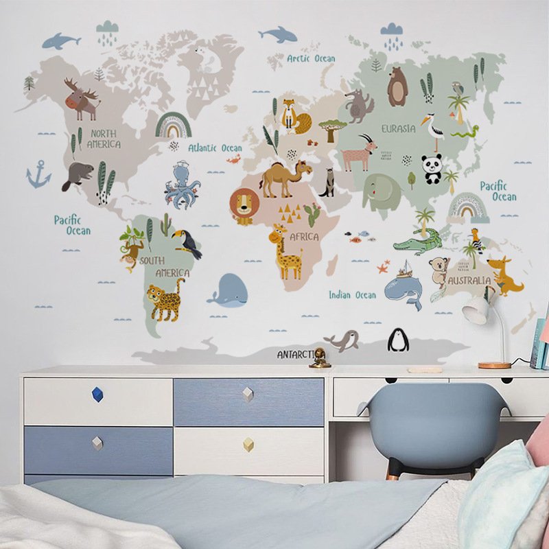 kids room decoration self-adhesive cartoon animal 3d world map wall stickers