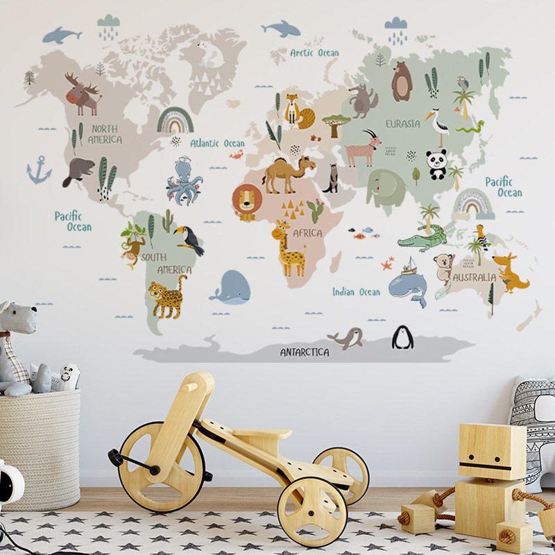 kids room decoration self-adhesive cartoon animal 3d world map wall stickers