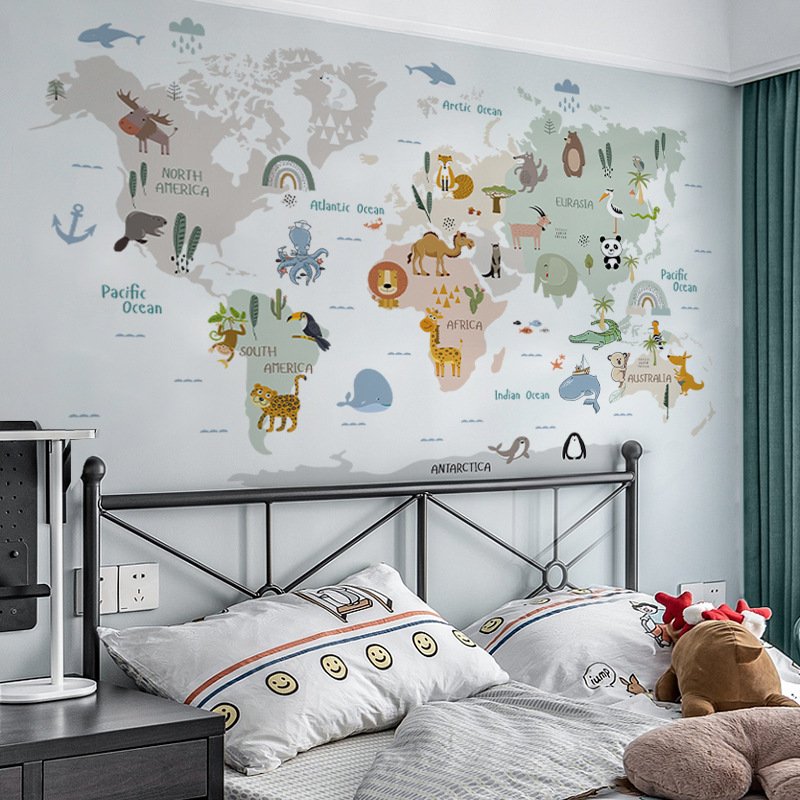 kids room decoration self-adhesive cartoon animal 3d world map wall stickers