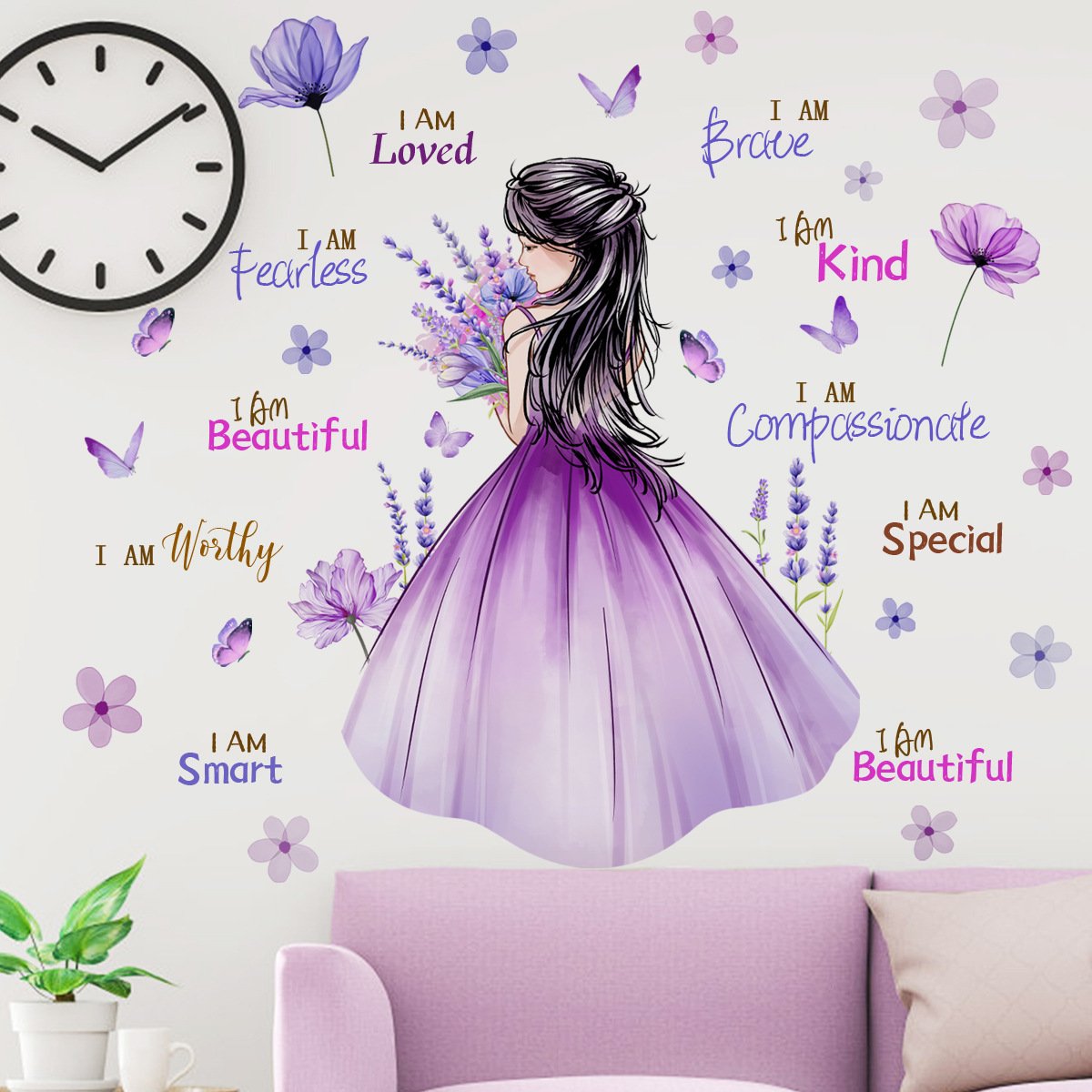 High quality girl back flowers 3d butterfly decoration family motto water proof stickers for girls room living room