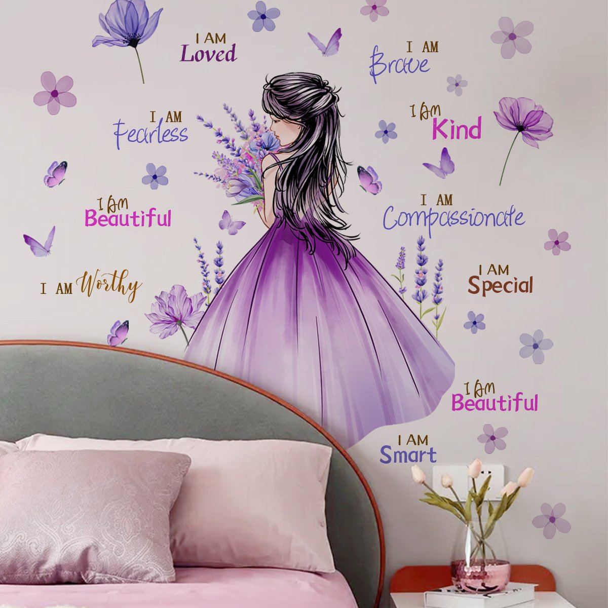 High quality girl back flowers 3d butterfly decoration family motto water proof stickers for girls room living room