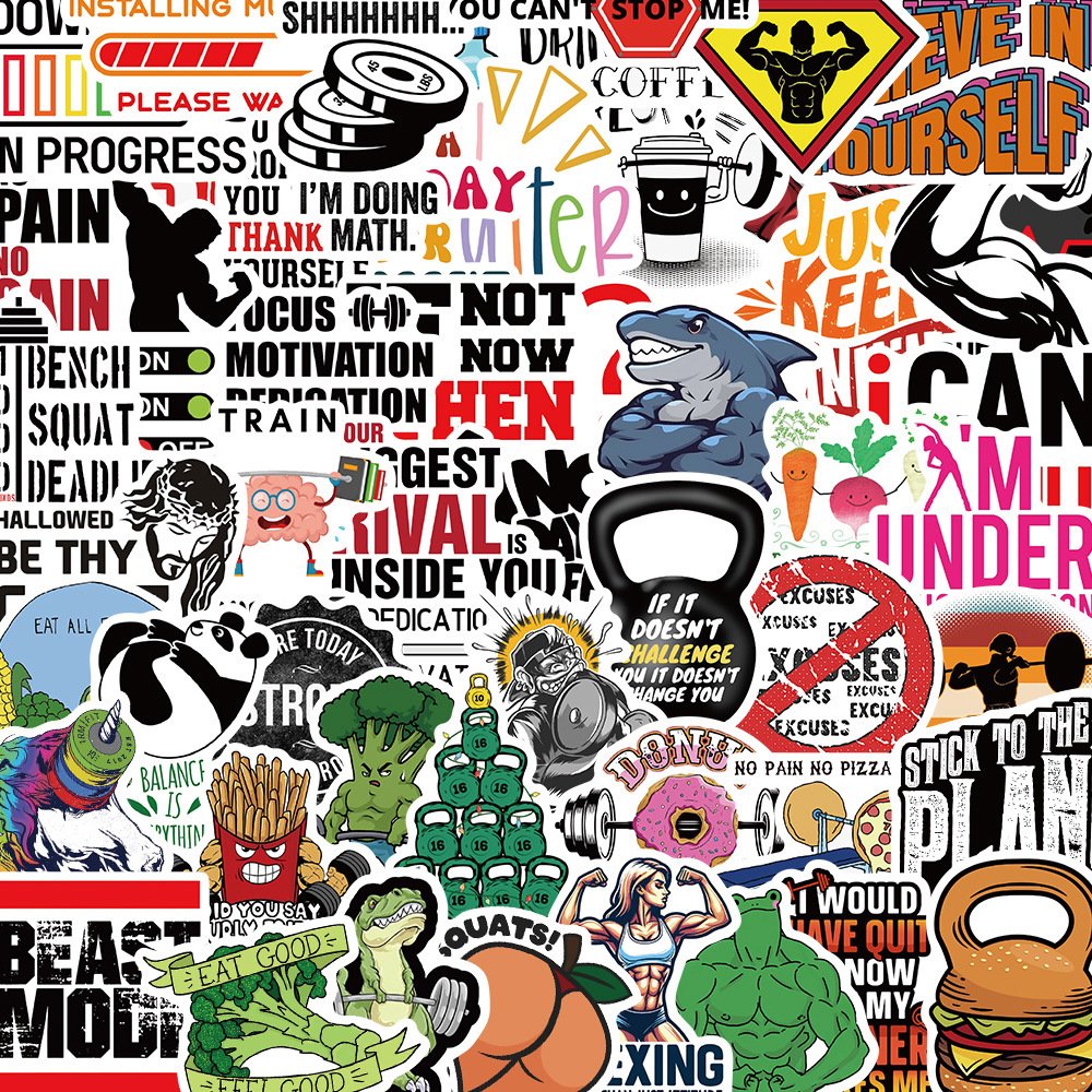 50Pcs Cartoon Fitness Motivational Graffiti Stickers For Bottle Phone Decor Gym Inspirational Physical Exercise Sticker