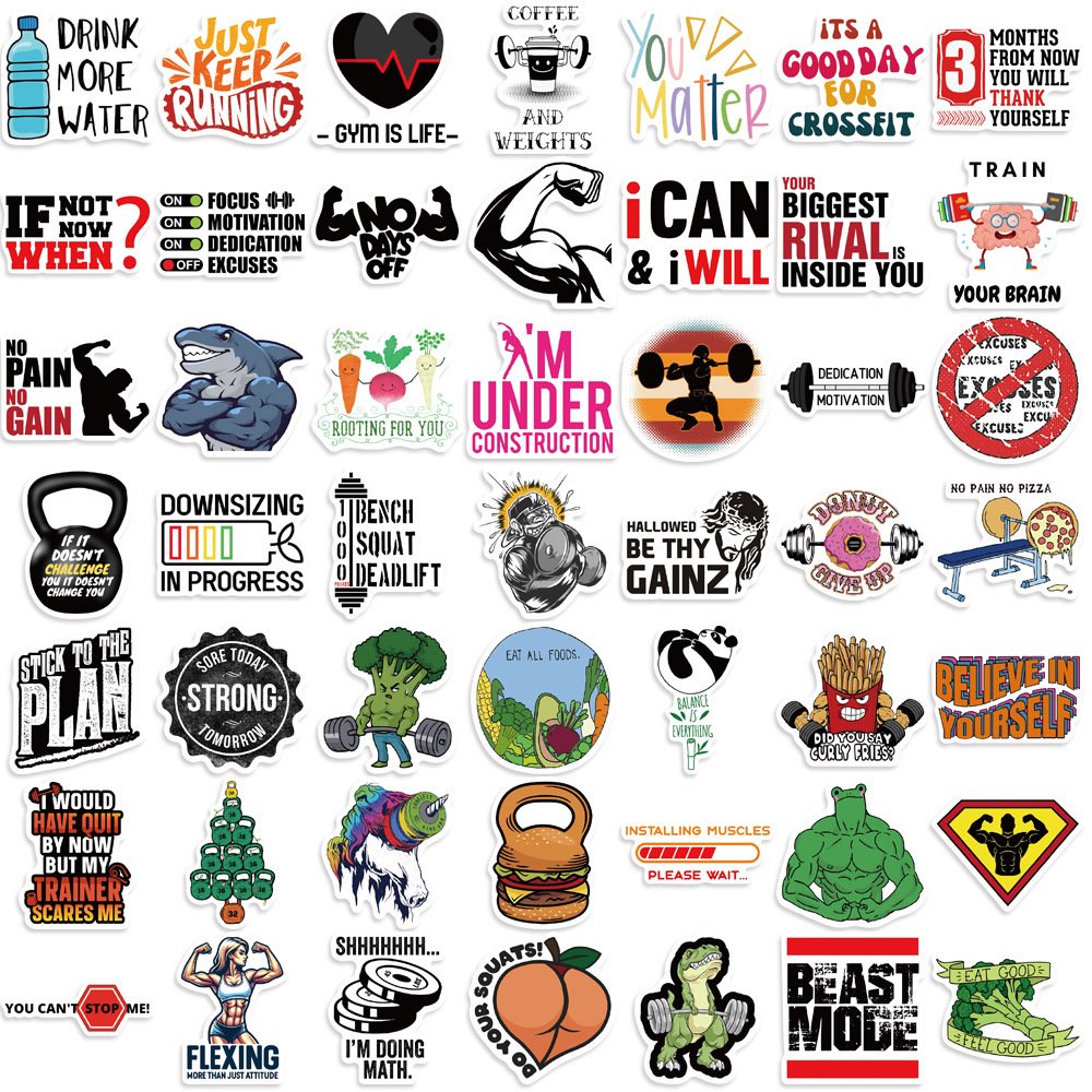 50Pcs Cartoon Fitness Motivational Graffiti Stickers For Bottle Phone Decor Gym Inspirational Physical Exercise Sticker