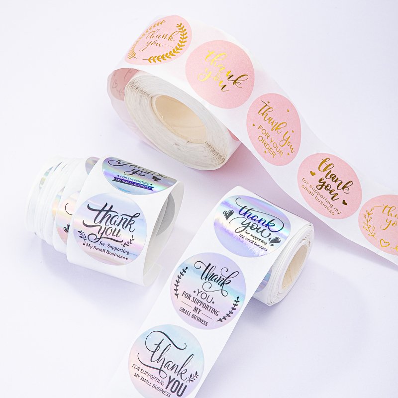 Custom Thanks You Sticker Round Sticker Waterproof Rolls Paper Sticker Kiss Cut Vinyl Hologram Label Sheet For Sale Private Logo