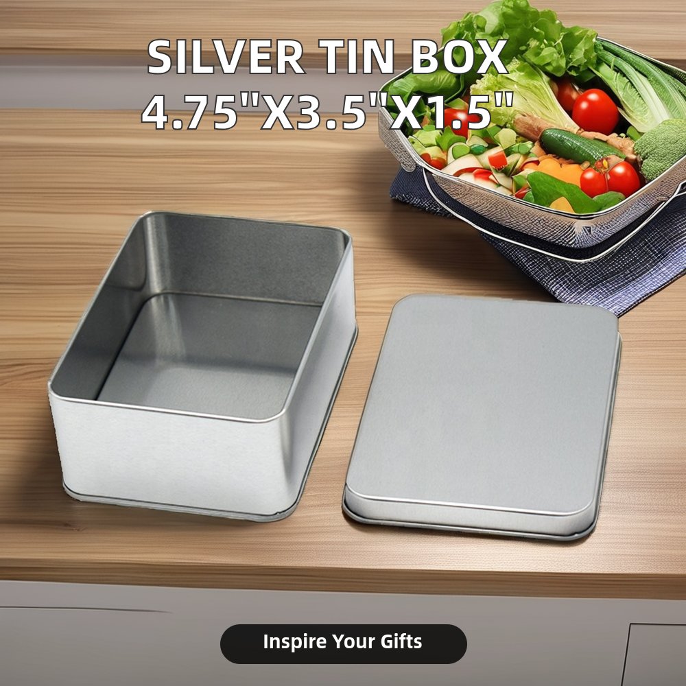 Silver Rectangular Tea Candy Candle Gift Packaging Tin Box 4.75''Lx3.5''Wx1.5''H Factory Stock Wholesale with Custom Logo