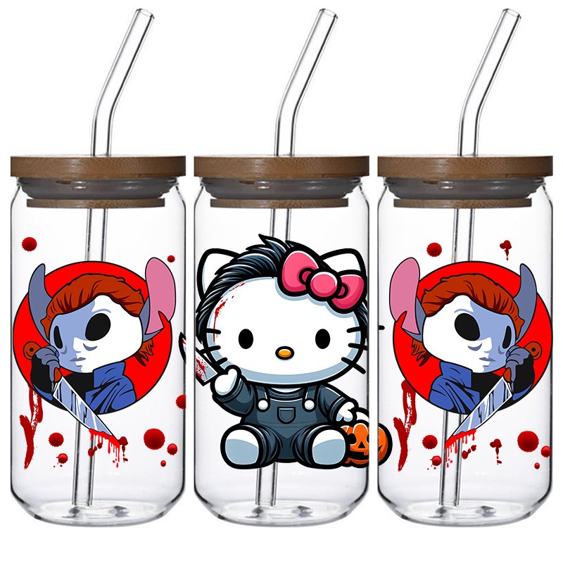 Wholesale Price Double Sided UV DTF Wraps 16oz Libbey Glass Can Cup Wraps Transfer stickers Cute cat