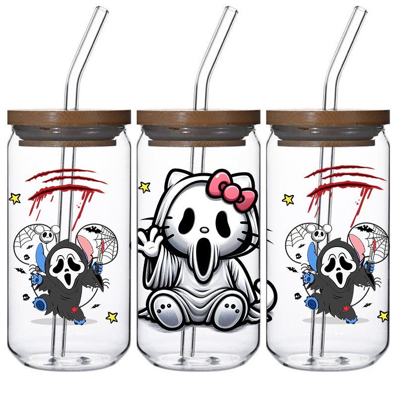 Wholesale Price Double Sided UV DTF Wraps 16oz Libbey Glass Can Cup Wraps Transfer stickers Cute cat