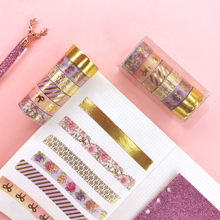 Gold Silver Sparkle Foil DIY Design Account Book Decoration Sticker Waterproof Washi Tape with Acrylic Hot Melt Adhesive Masking