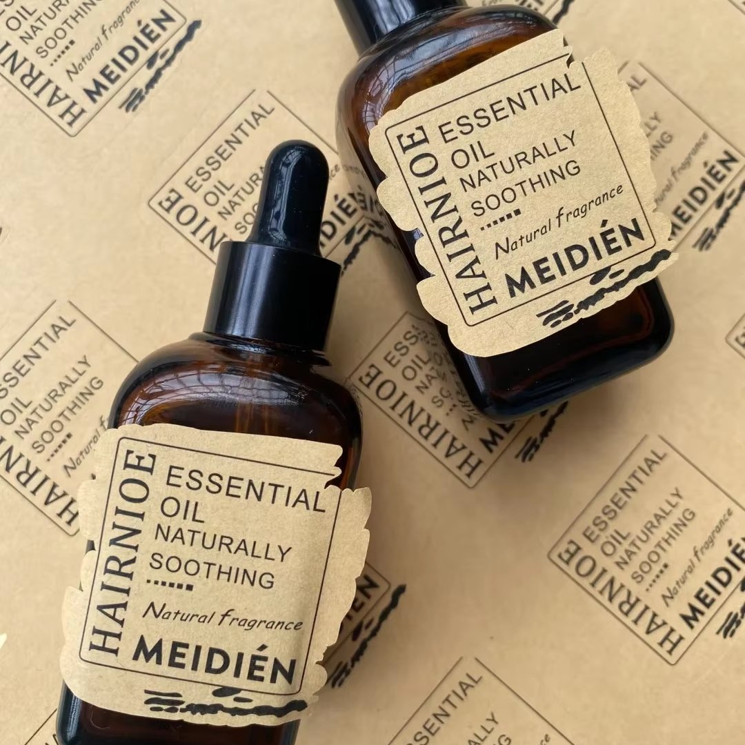 Custom Luxury Essential Oil Packaging Label Deep Kraft Paper Bottle Decorative Label Black Text Printing Logo Sticker