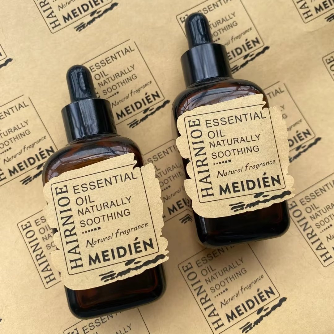 Custom Luxury Essential Oil Packaging Label Deep Kraft Paper Bottle Decorative Label Black Text Printing Logo Sticker