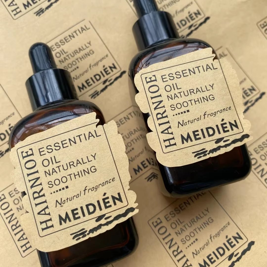 Custom Luxury Essential Oil Packaging Label Deep Kraft Paper Bottle Decorative Label Black Text Printing Logo Sticker
