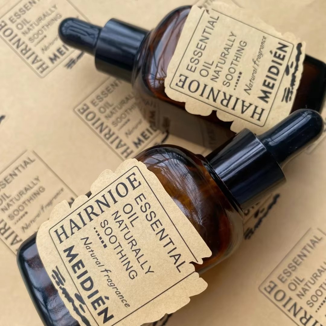 Custom Luxury Essential Oil Packaging Label Deep Kraft Paper Bottle Decorative Label Black Text Printing Logo Sticker