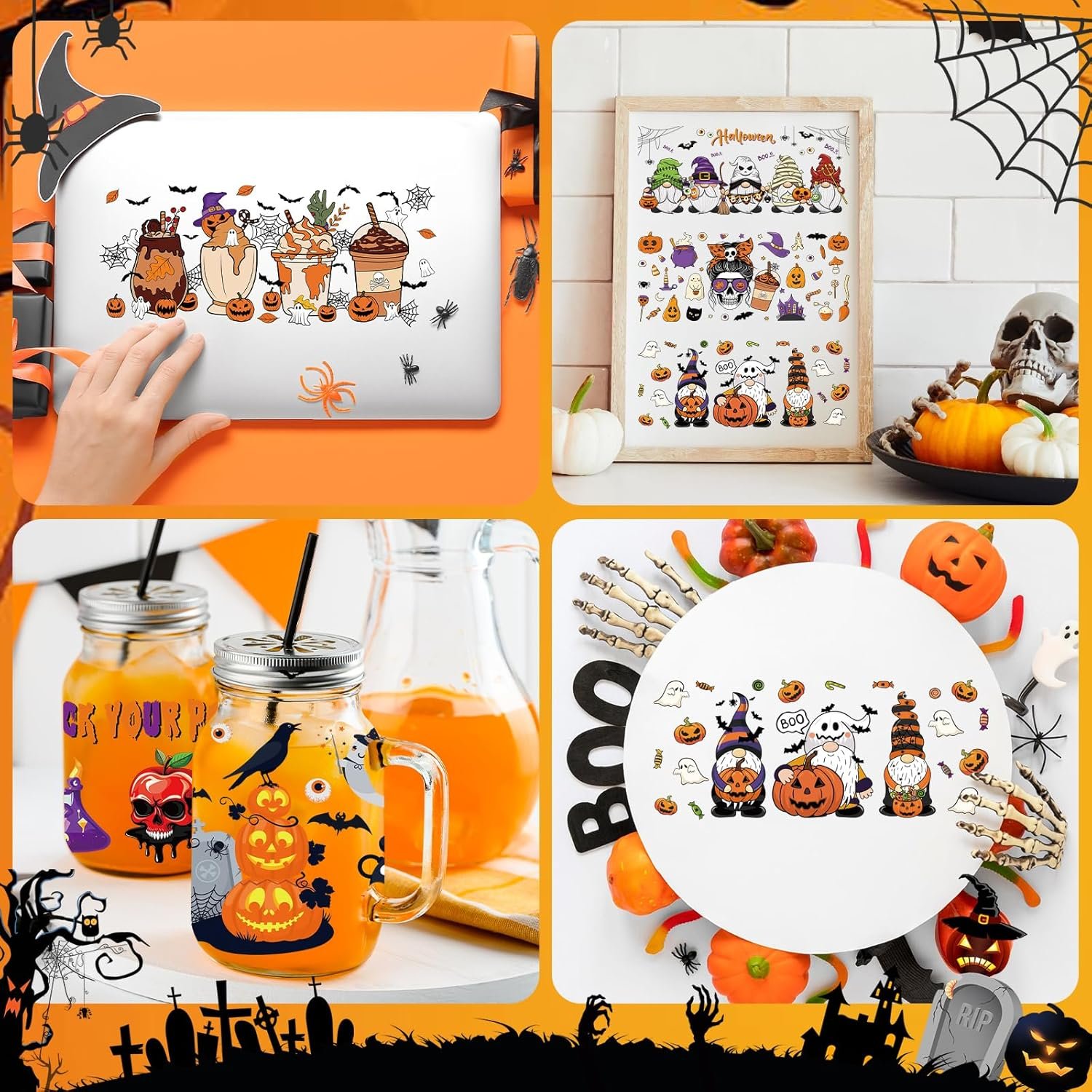 Halloween UV DTF Cup Wraps for 16oz Pumpkin Gnome Ghost Skull Potion Decals Personalized Waterproof Stickers for Glass Cups