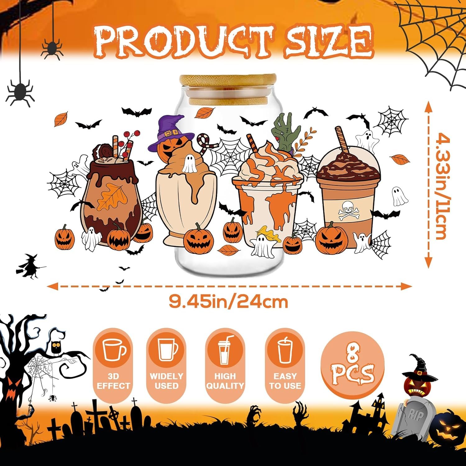 Halloween UV DTF Cup Wraps for 16oz Pumpkin Gnome Ghost Skull Potion Decals Personalized Waterproof Stickers for Glass Cups
