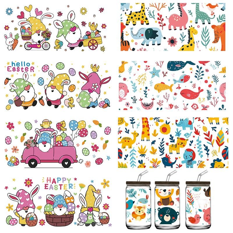 Uv Dtf Cup Wrap 16 Oz Cute Cartoon Theme Decals Cartoon Animal Transfer Stickers For Glass Cups Tumblers