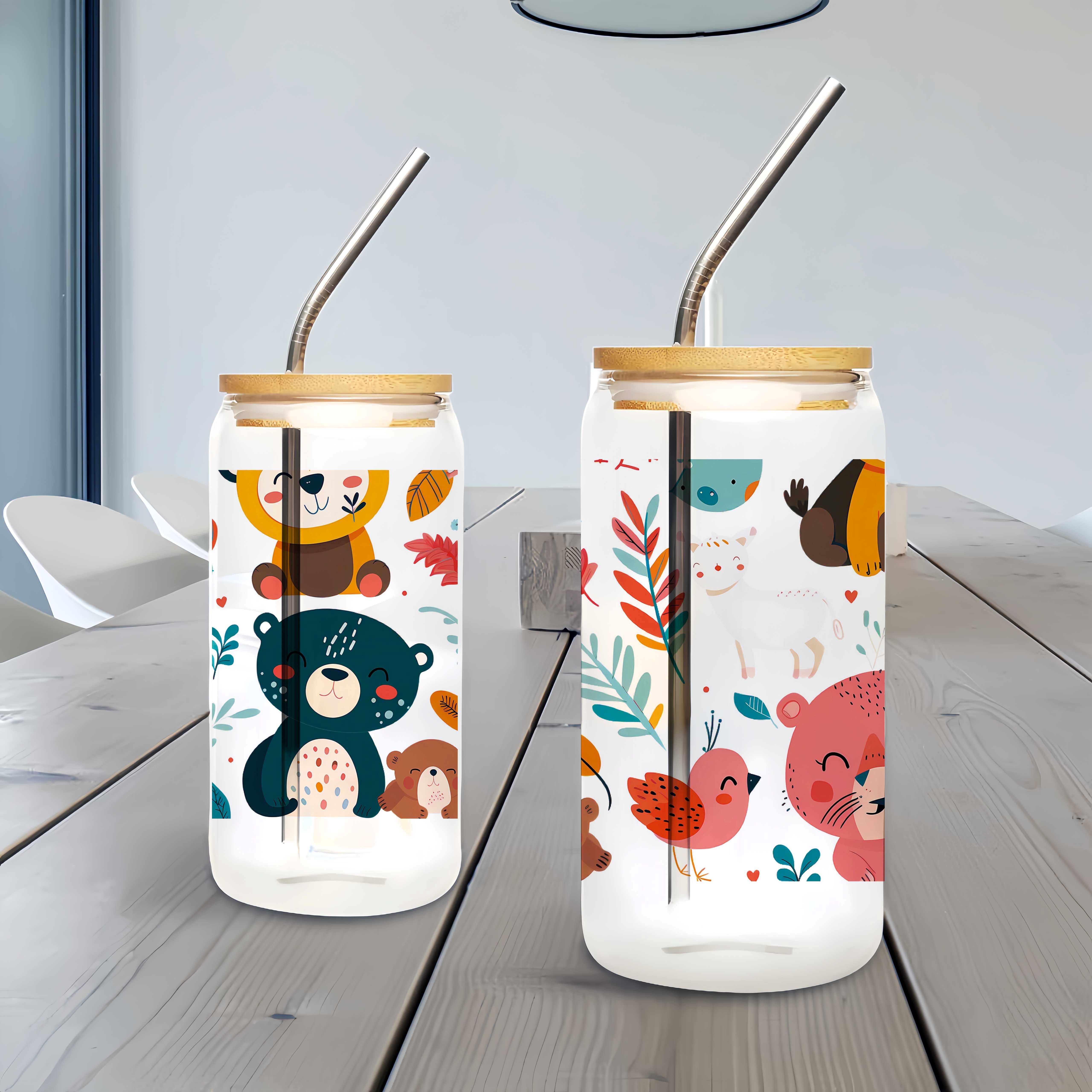 Uv Dtf Cup Wrap 16 Oz Cute Cartoon Theme Decals Cartoon Animal Transfer Stickers For Glass Cups Tumblers