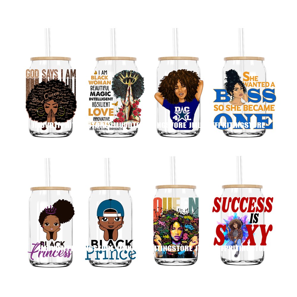 God Says I Am Black Queen Princess UV DTF Transfer Sticker Decal For Libbey Cold Cups Mugs Tumbler Waterproof DIY Logo Afro Girl