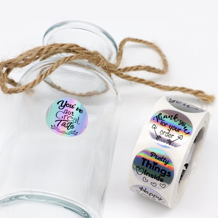 Customised Happy Mail Holographic Sticker Pack UV Printing PVC Plastic PET Materials Glossy Wine Cosmetics Food Packaging Custom