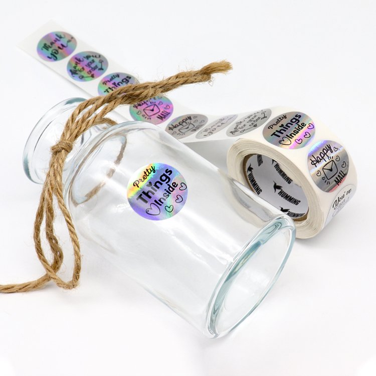 Customised Happy Mail Holographic Sticker Pack UV Printing PVC Plastic PET Materials Glossy Wine Cosmetics Food Packaging Custom