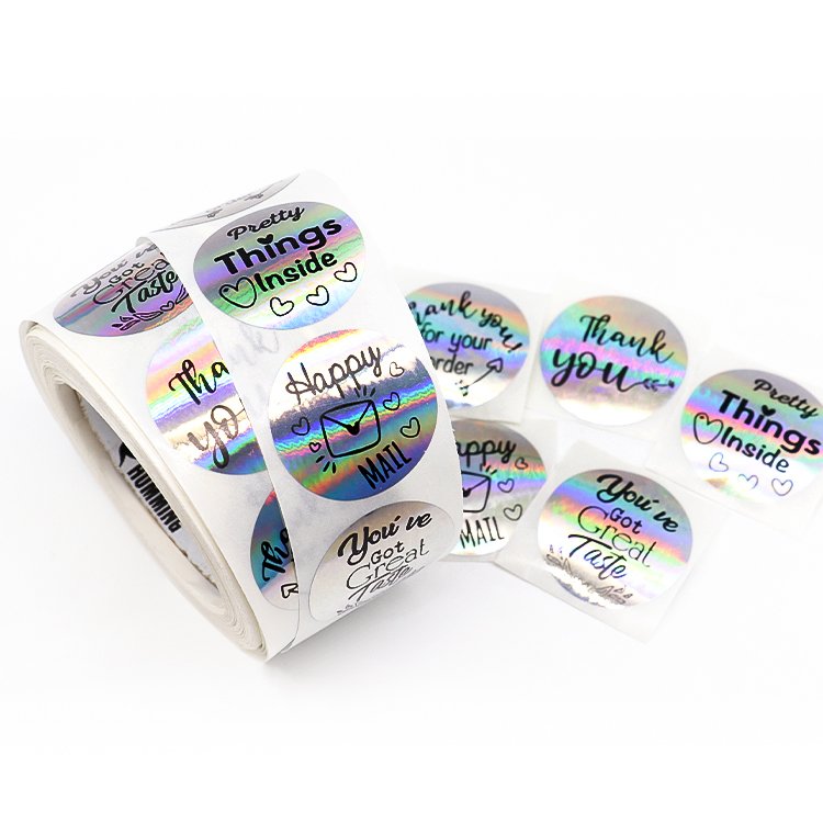 Customised Happy Mail Holographic Sticker Pack UV Printing PVC Plastic PET Materials Glossy Wine Cosmetics Food Packaging Custom