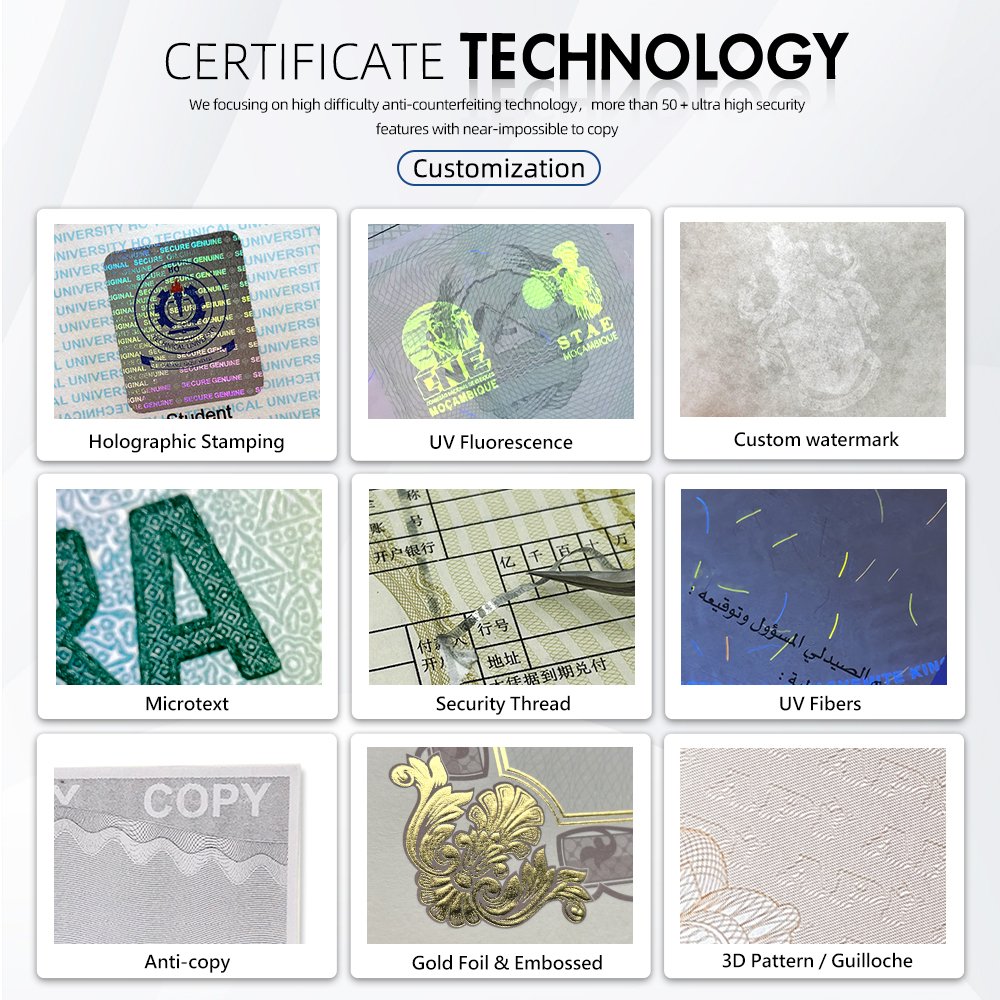 A5 Size Certificate of Authenticity Customized with Hologram Sticker Degree Paper Printing College Diploma Security Paper