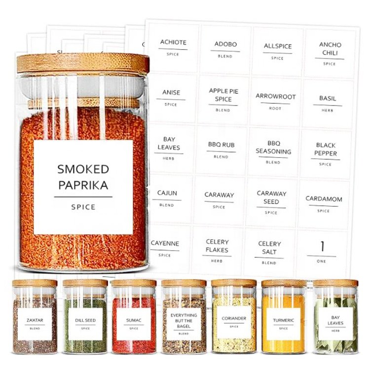 Kitchen Containers Water Resistant Clear Transparent Label Spice Sticker, Square Rectangle Seasoning Spice Storage Jar Labels