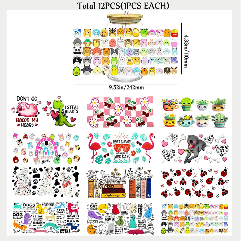 Factory Wholesale Design 16 Oz Glass Can Uv-Dtf Decal Uvdtf Mug Tumbler Sticker Uv Dtf Cup Wrap Transfer Decals Wraps Popular
