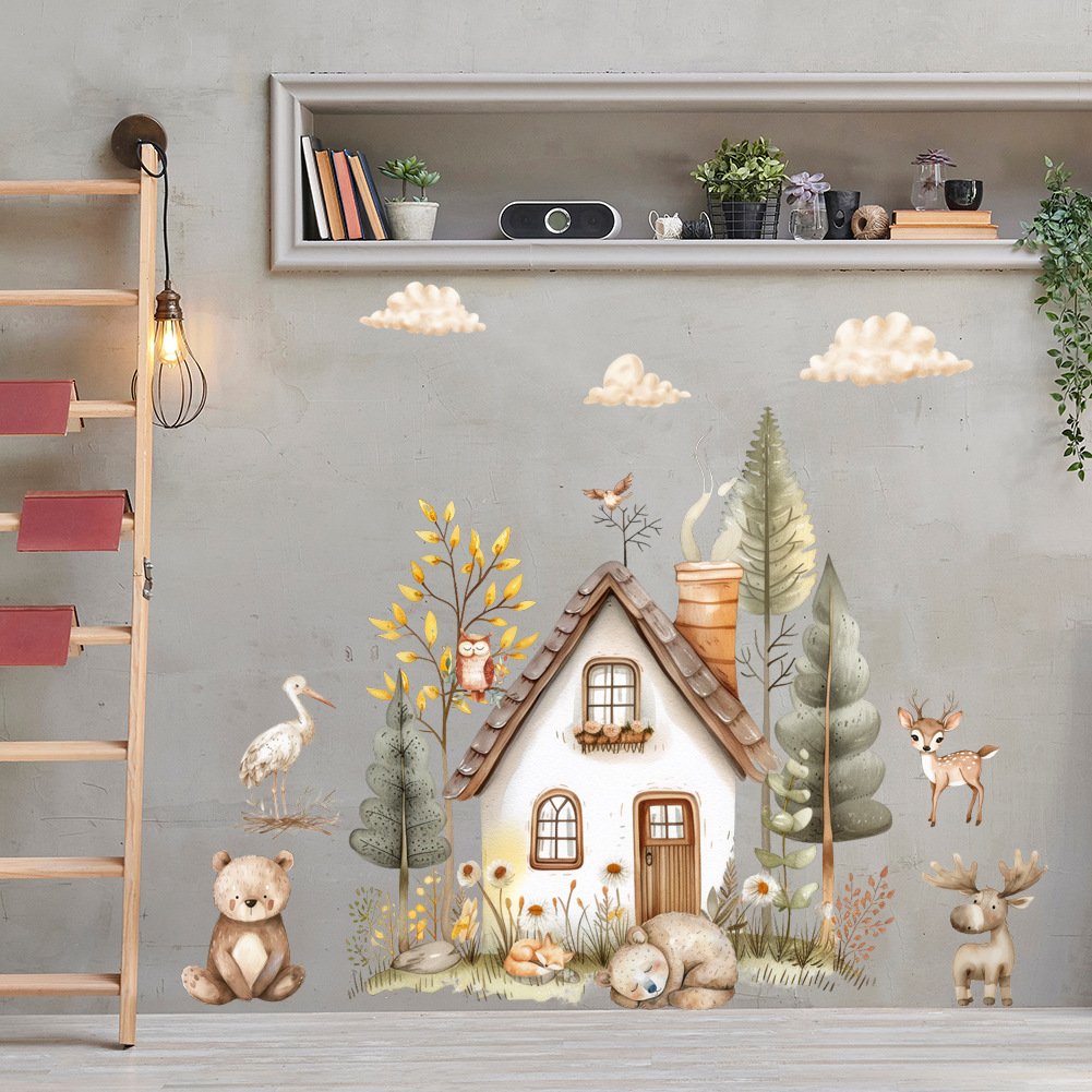Removable cartoon jungle house wall stickers 3d home decoration for living room