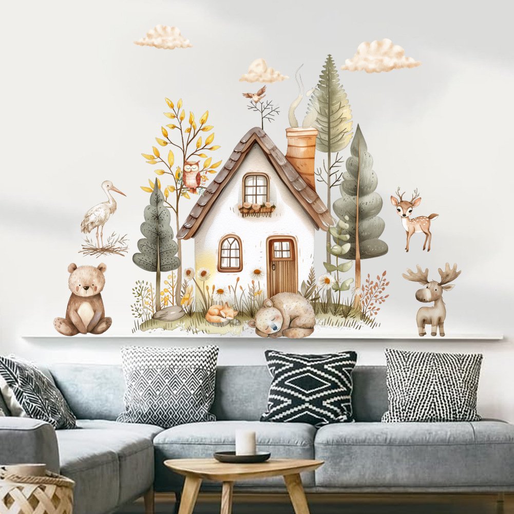 Removable cartoon jungle house wall stickers 3d home decoration for living room